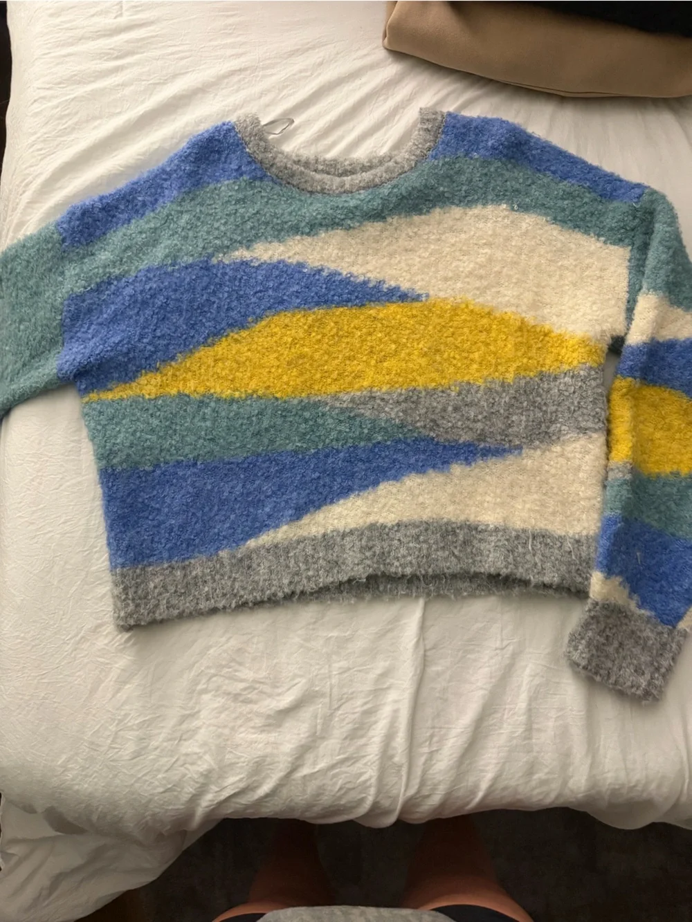 Cozy Multicolor Fuzzy Sweater - Blue, Yellow, Gray, Cream - Picture 1 of 2